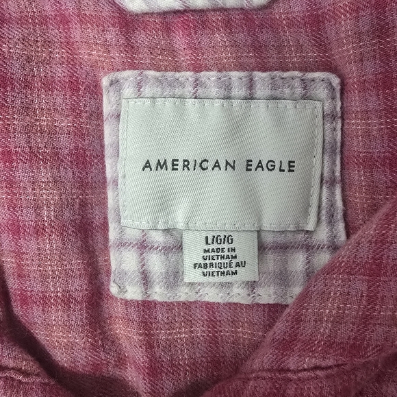American Eagle Pink Plaid Cropped Flannel Shirt Double-pocket Large - Picture 5 of 6